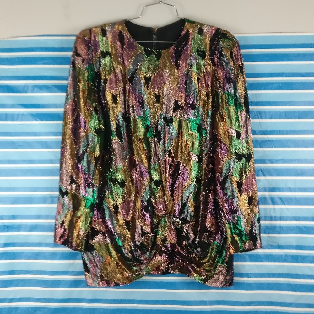 80s Shimmery Shiny Vintage Disco Long sleeve blouse, Vintage Party Gold metallic